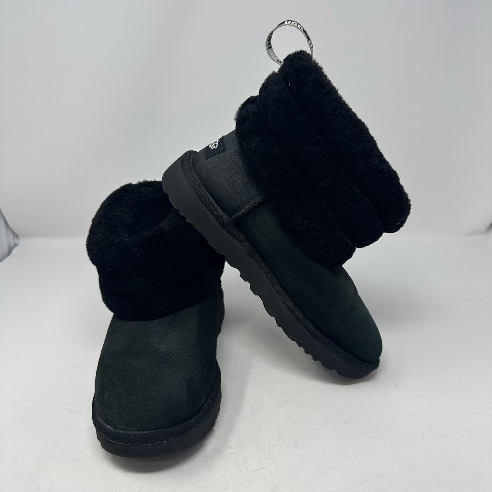 UGG Boots Women Size 36 Black Fluff Mini Quilted Suede Sheepskin